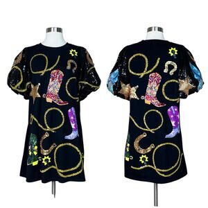 Queen of Sparkles | Cowgirl Western Rodeo Black Sequin Puff Sleeve Mini Dress L